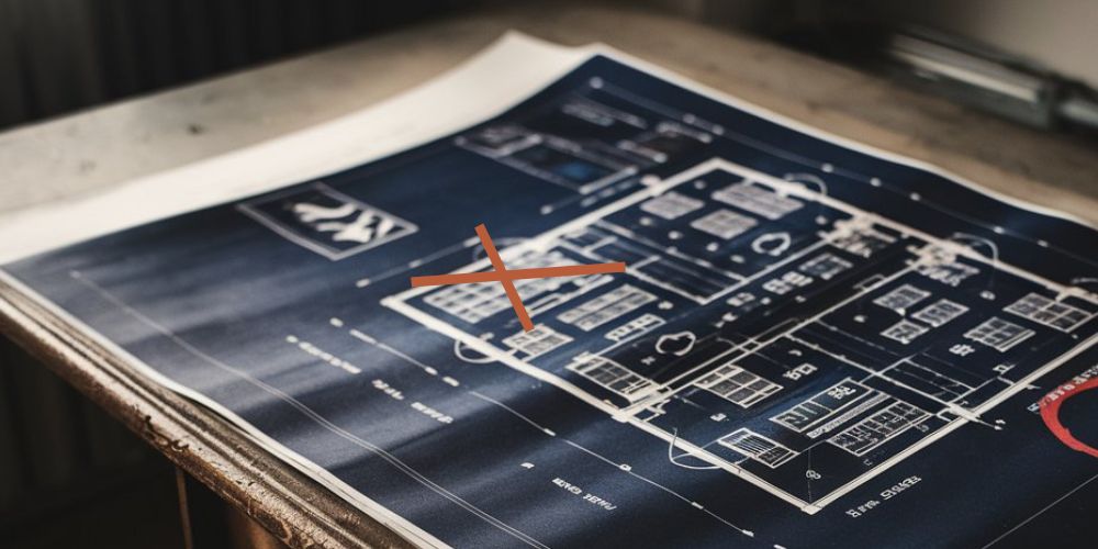 Errores en diseño de hoteles. Desarrollo Hotelero. Un plano con una cruz roja indicando el error de diseño